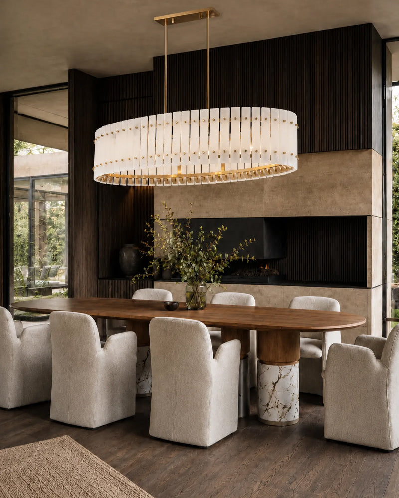 Burton Alabaster Gold Studded Panel Linear Oval Pendant Light - Natural Spanish Alabaster Panels, Lux Gold Trim - Kitchen Islands & Dining Rooms