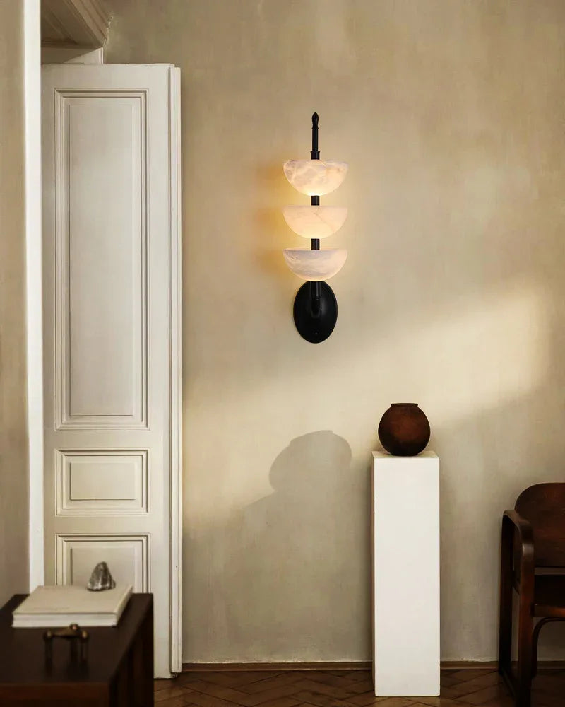 Modern Triple Alabaster Brass Stone Semi-Oval Wall Sconces 6in 15W Flush Mounted Wall Sconce Lamp