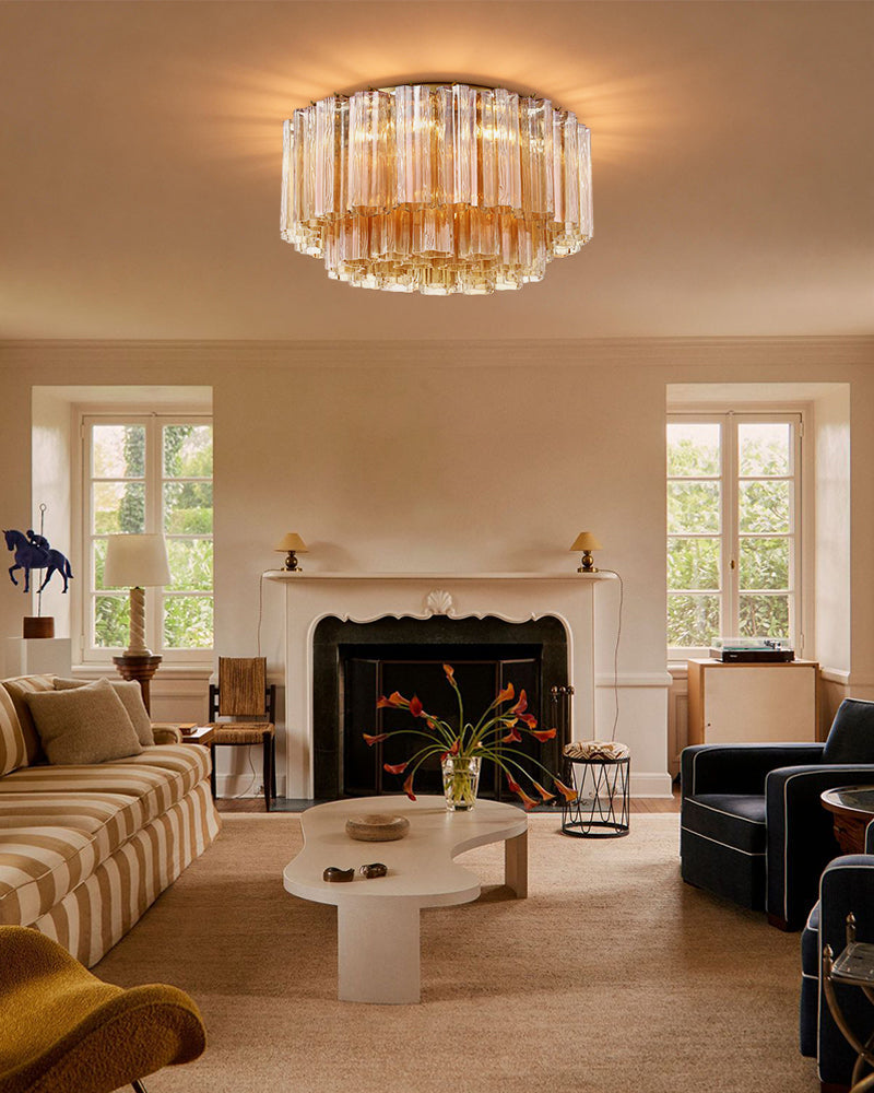 LightsStory Series Prismatic Semi-Flush Ceiling Mount | Star-Shaped Hand-blown authentic Murano glass tubes, Aged Brass and Black frame with gold accents for Living Rooms and Entryways Flush Mounted Ceiling Lamp