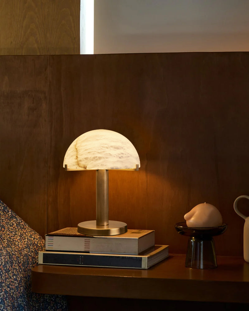 LightsStory Series Geometric Table Lamp | Dome Alabaster Shade Hand-carved natural alabaster with metal base, Burnished Brass or Black finish for Home offices, bedside tables, and workspaces Modern Table lamp