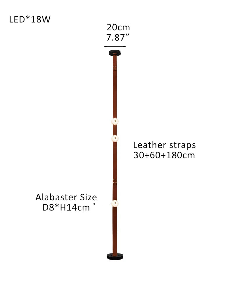 Hubbardton Forge Snaps Small LED Floor-to-Ceiling Light in Brown Leather Finished 3-light-30+60+180cm Belt-A White Alabaster + Brown Leather American standing floor lamp