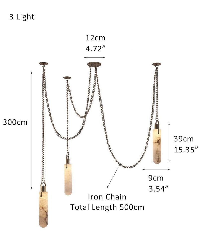 Dimensions of a 9-light brass LED cluster pendant lamp with adjustable iron chain.