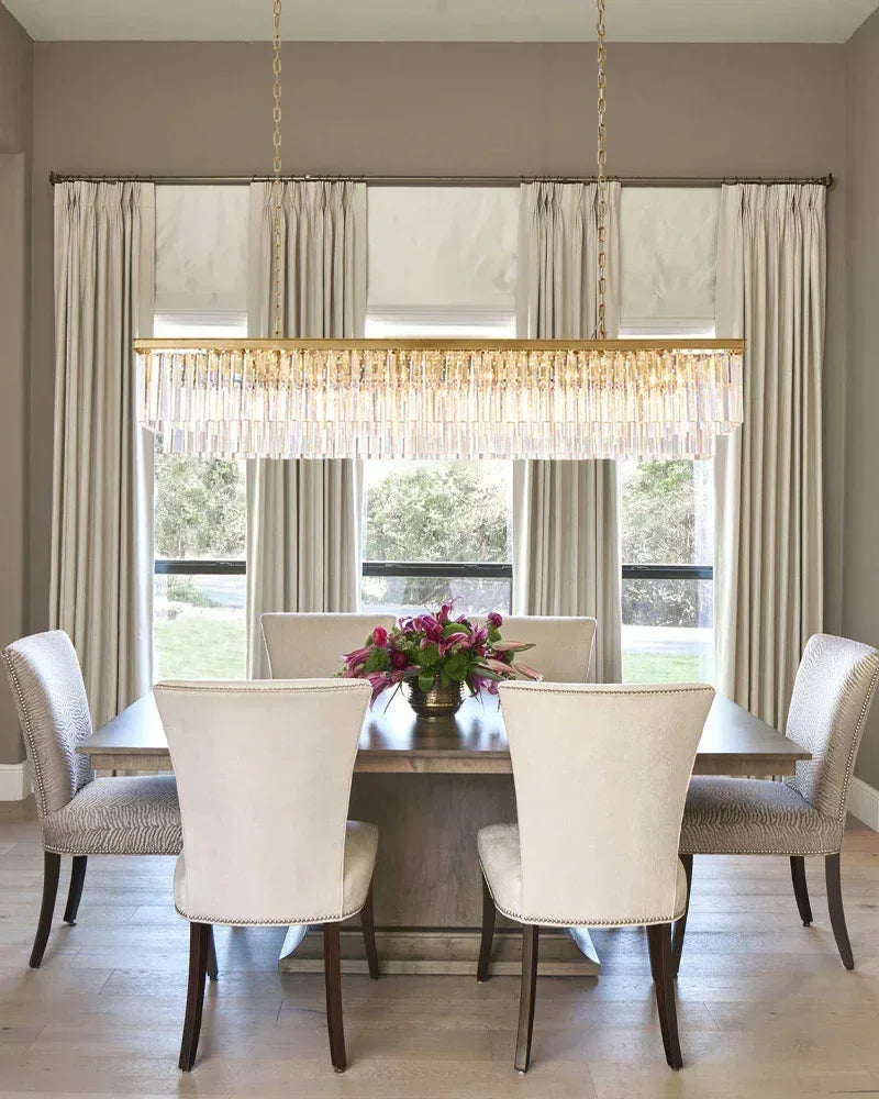 LightsStory Series Prismatic Chandelier | Rectangular Multi-Crystal Brushed matte black or gold iron frame with multi-crystal droplets, Brushed Matte Black or Luxe Gold for Kitchen Islands, Dining Rooms, and Grand Foyers American Vintage chandelier lamp