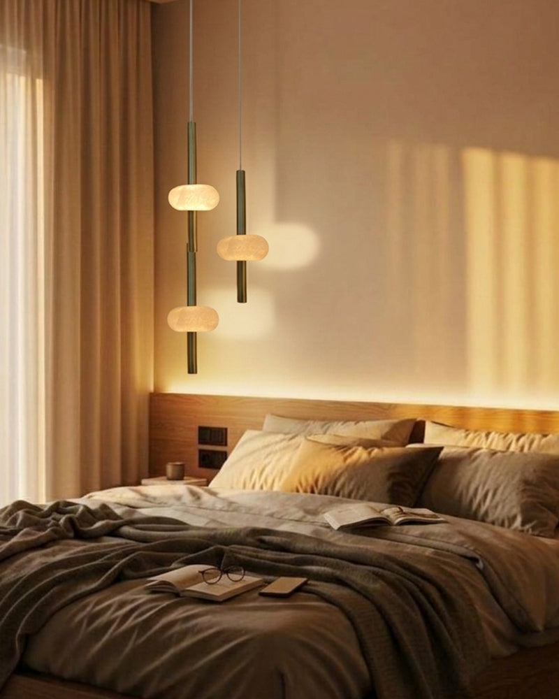 Alabaster Halo Disc Brass Tube Wind Chime Cluster Pendant Light - Natural Spanish Alabaster Discs, Serene Brass Trim - Kitchens, Dining & Living Rooms