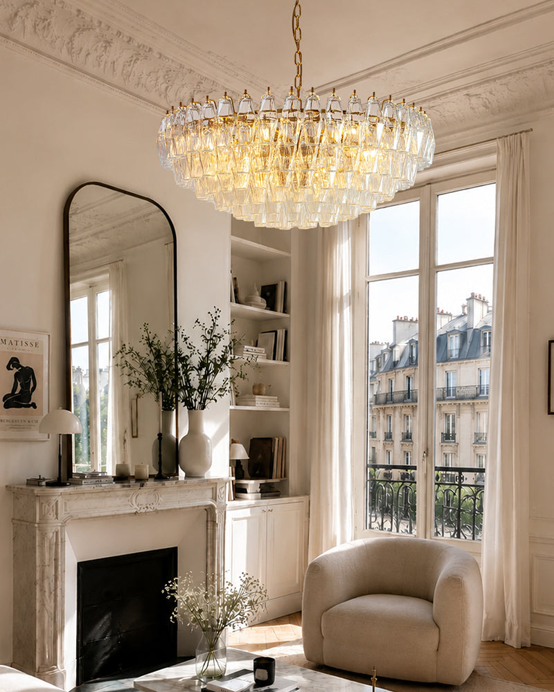 Cortina Murano Glass Multi-Tiered Dome Chandelier - Hand Blown Murano Glass, Lux Brass Trim - Living Rooms, Bedrooms, Dining Rooms