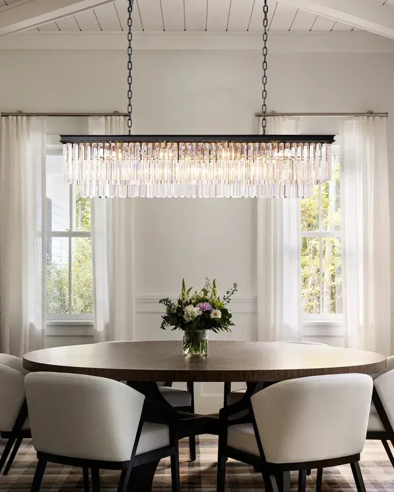 LightsStory Series Prismatic Chandelier | Rectangular Multi-Crystal Brushed matte black or gold iron frame with multi-crystal droplets, Brushed Matte Black or Luxe Gold for Kitchen Islands, Dining Rooms, and Grand Foyers American Vintage chandelier lamp