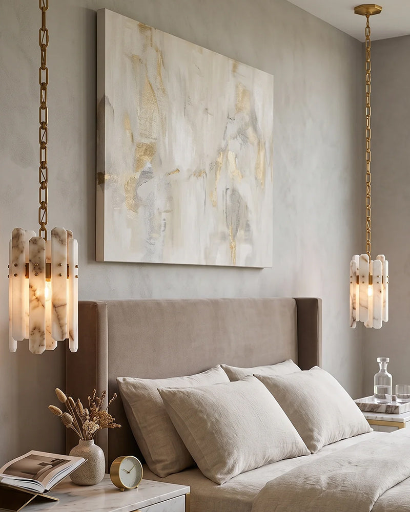 Zermatt Alabaster Staggered Halo Ring Chandelier - Natural Spanish Alabaster, Serene Chrome Trim - Living Rooms, Bedrooms, Dining Rooms