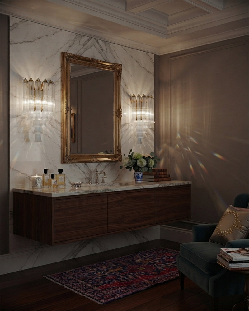 Bellagio Fluted Opal Glass Wall Light Sconce - Flush Mount, Lux Brass Trim - Bedrooms, Vanity & Bathrooms
