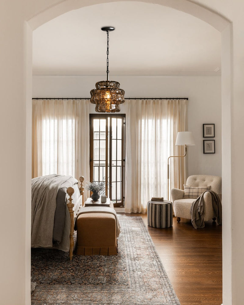 Ghiaccio Glass Round Chandelier Wide 12" in Brass/Bronze Aluminum Chain