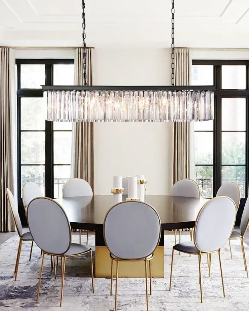 LightsStory Series Prismatic Chandelier | Linear Multi-Crystal Multi-crystal droplets with iron frame, Brushed Gold for Dining rooms, entries, and living areas American Vintage chandelier lamp