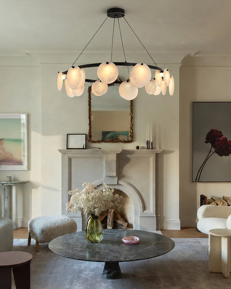 Alabaster Concentric Ring Disc Pendant Light - Natural Spanish Alabaster Discs, Serene Black Trim - Kitchens, Dining & Living Rooms