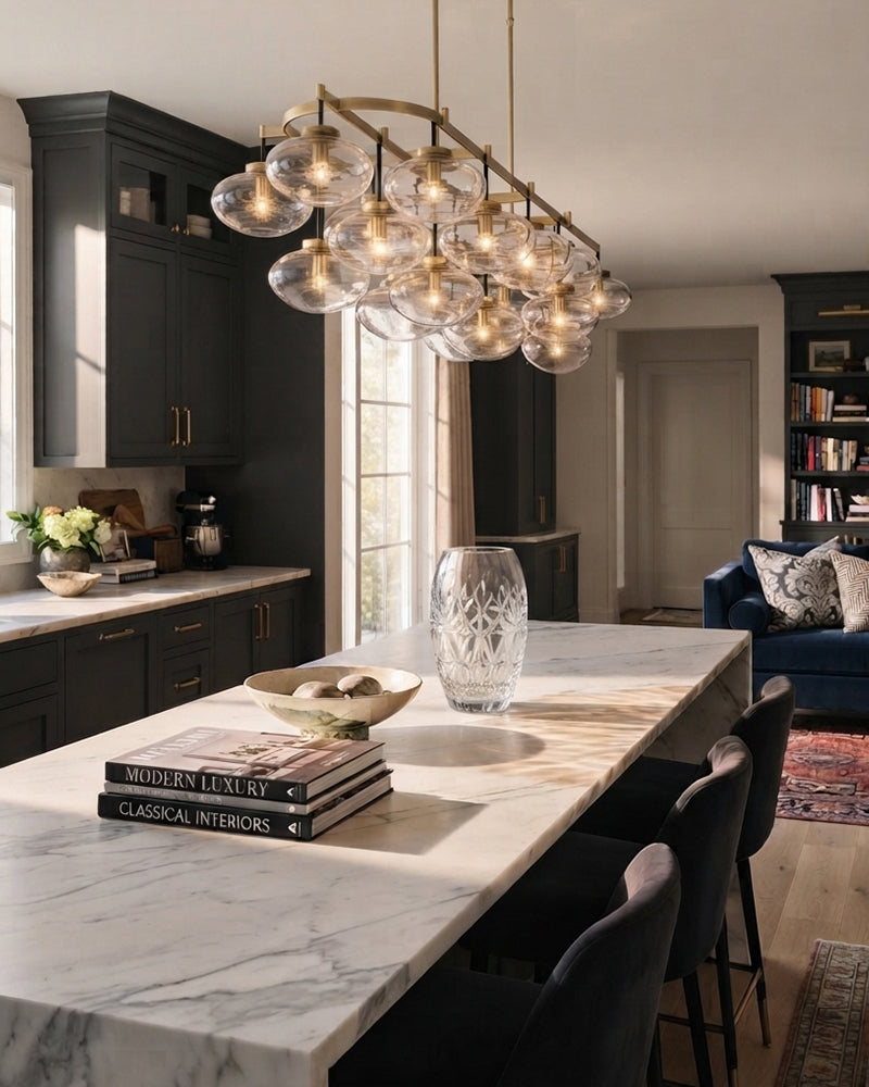 Vence Crystal Clear Glass Globe Cloud Chandelier - Serene Black Trim - Kitchen Islands & Dining Rooms