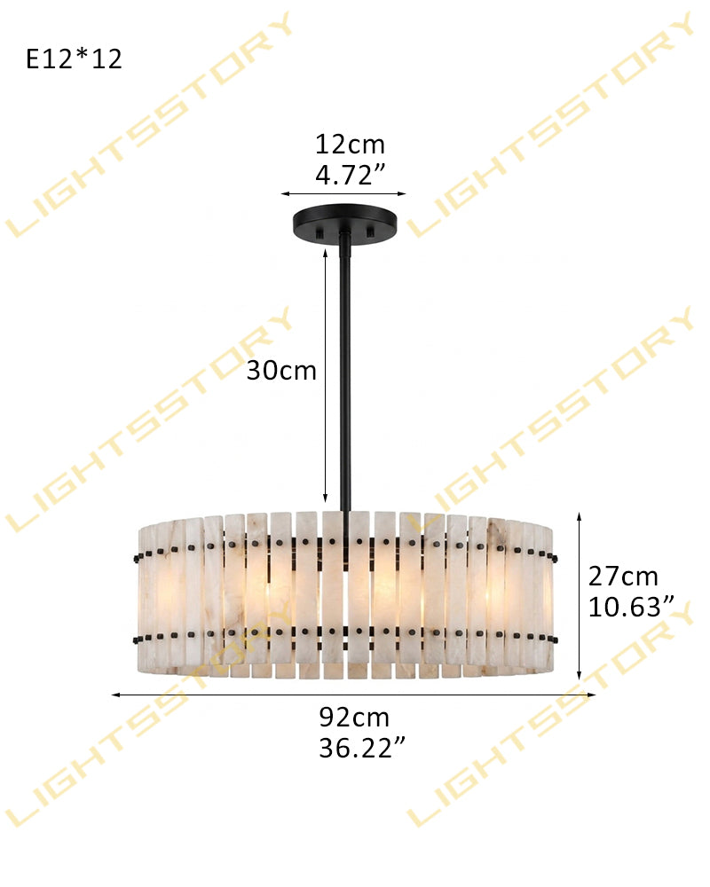 Burton Alabaster Gold Studded Panel Drum Pendant Light - Natural Spanish Alabaster Panels, Lux Gold Trim - Living Rooms & Dining Rooms