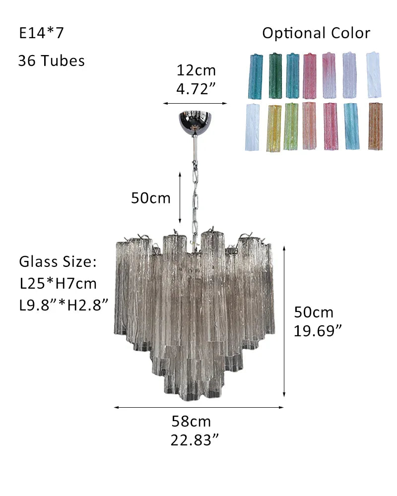 Luxury Tiered Smoked Glass Tube Murano Chandelier in Chrome Frame P-D58*H50CM D23"*H20"(36 tubes) Smoked Glass + Silver Frame American chandelier