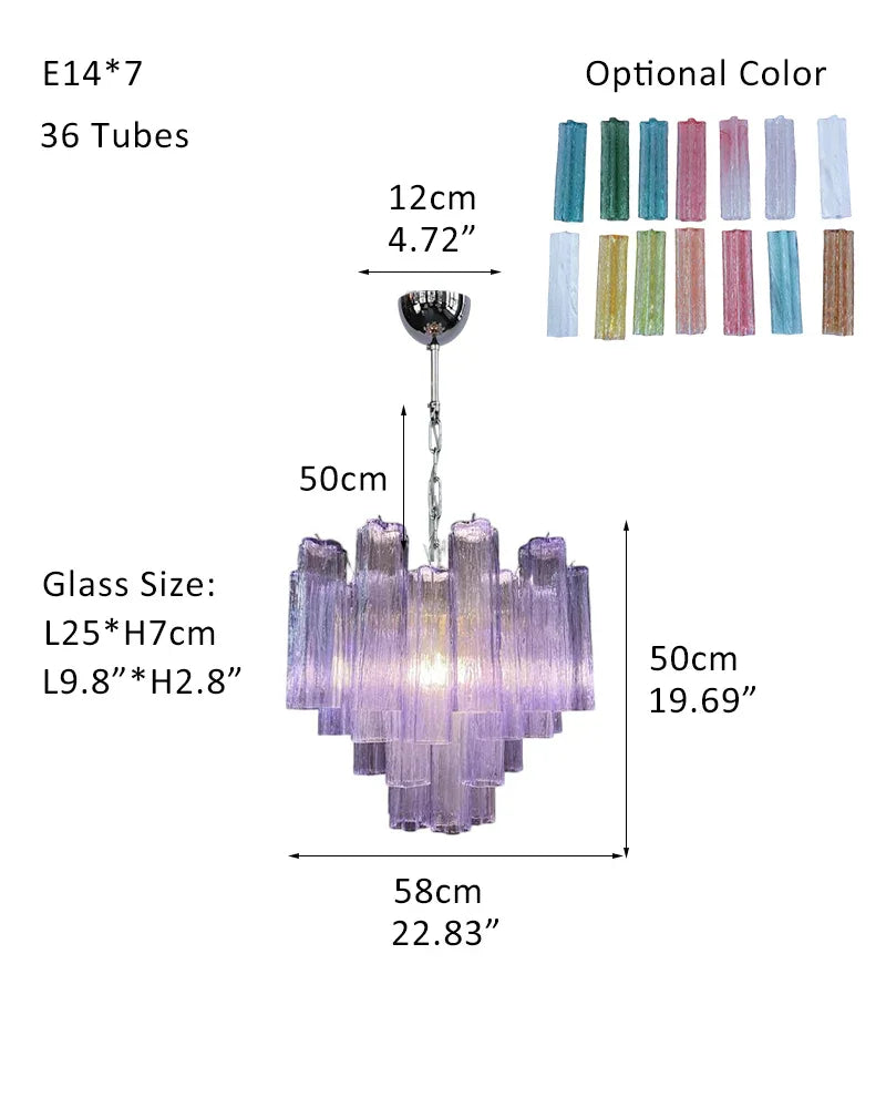 Modern Colored Murano Purple Glass Tube Tronchi Chandelier P-D58*H50CM D23"*H20"(36 tubes)-A Purple Glass + Silver Frame American chandelier