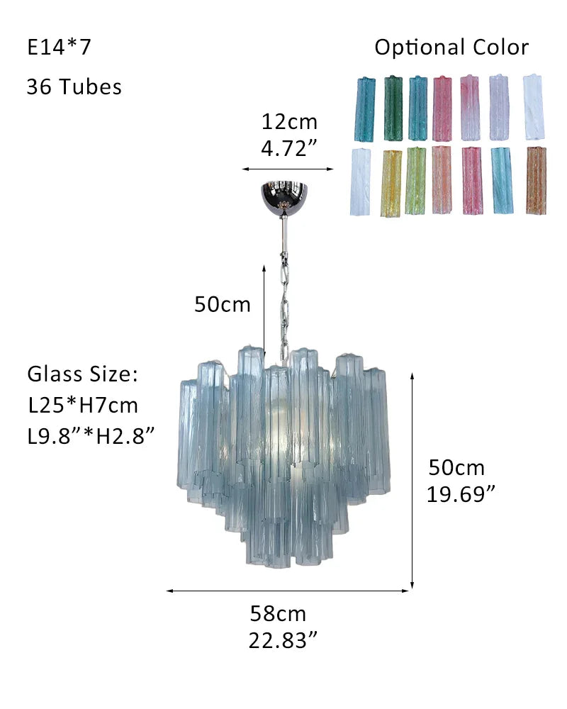 Elegant Murano Hand-blown Blue Glass Tube Multi-Tier Chandelier in Silver Frame P-D58*H50CM D23"*H20"(36 tubes) Blue Glass + Silver Frame American chandelier