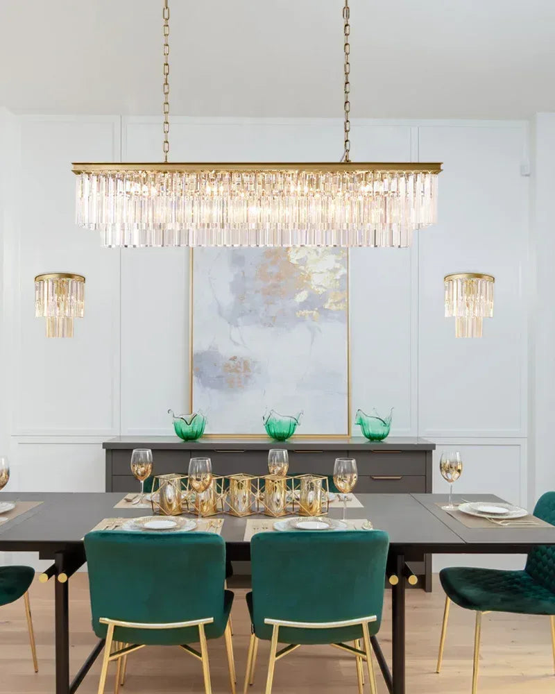 LightsStory Series Prismatic Chandelier | Linear Multi-Crystal Multi-crystal droplets with iron frame, Brushed Gold for Dining rooms, entries, and living areas American Vintage chandelier lamp