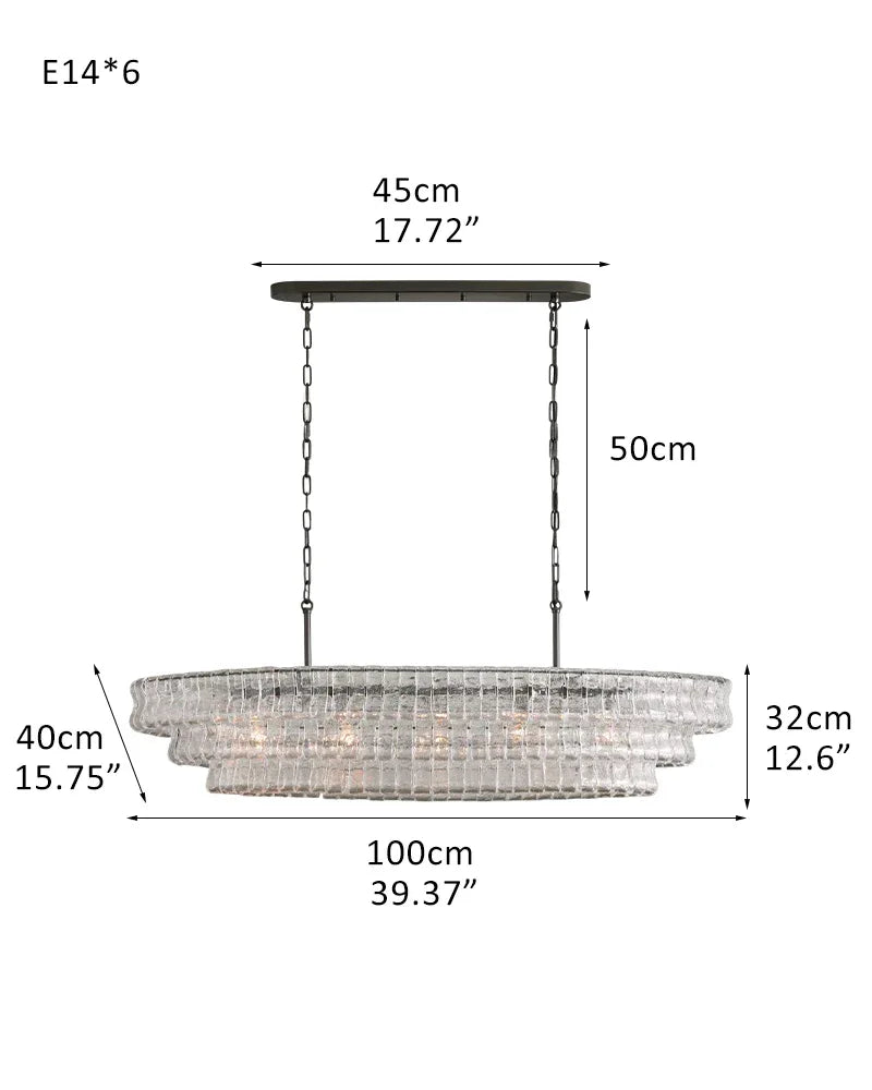 Ghiaccio 3/4-Tiered Glass Oval Chandelier 48" in Brass/Black Aluminum Chain 3 tier-L100*W40*H32CM L40"*W16"*H12"(E14*6) Black + Transparent Glass American chandelier