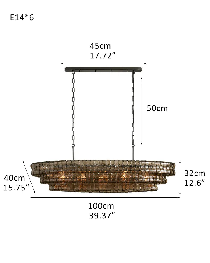 Ghiaccio 3/4-Tiered Glass Oval Chandelier 48" in Brass/Black Aluminum Chain 3 tier-L100*W40*H32CM L40"*W16"*H12"(E14*6) Black + Smoke Glass American chandelier