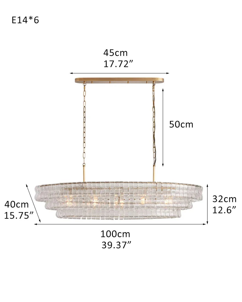 Ghiaccio 3/4-Tiered Glass Oval Chandelier 48" in Brass/Black Aluminum Chain 3 tier-L100*W40*H32CM L40"*W16"*H12"(E14*6) Brass + Transparent Glass American chandelier