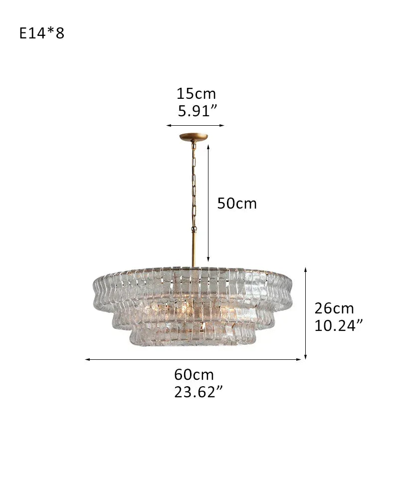 LightsStory Series Ethereal Chandelier | Four-Tiered Round Curved Textured Glass and Aluminum, Plated-Brass and Bronze for Dining Rooms and Grand Foyers 3 tier-L60*H26CM L24"*H10"(E14*8) Brass + Transparent Glass American chandelier
