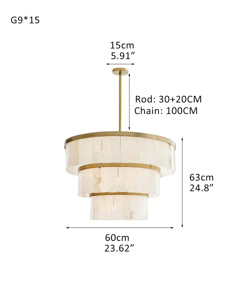 Handcrafted Windham Alabaster Tier Round Chandelier In Brass/Black Finish 3 Tier-D60*H63CM D23.62"*H24.8" Brass + White American chandelier