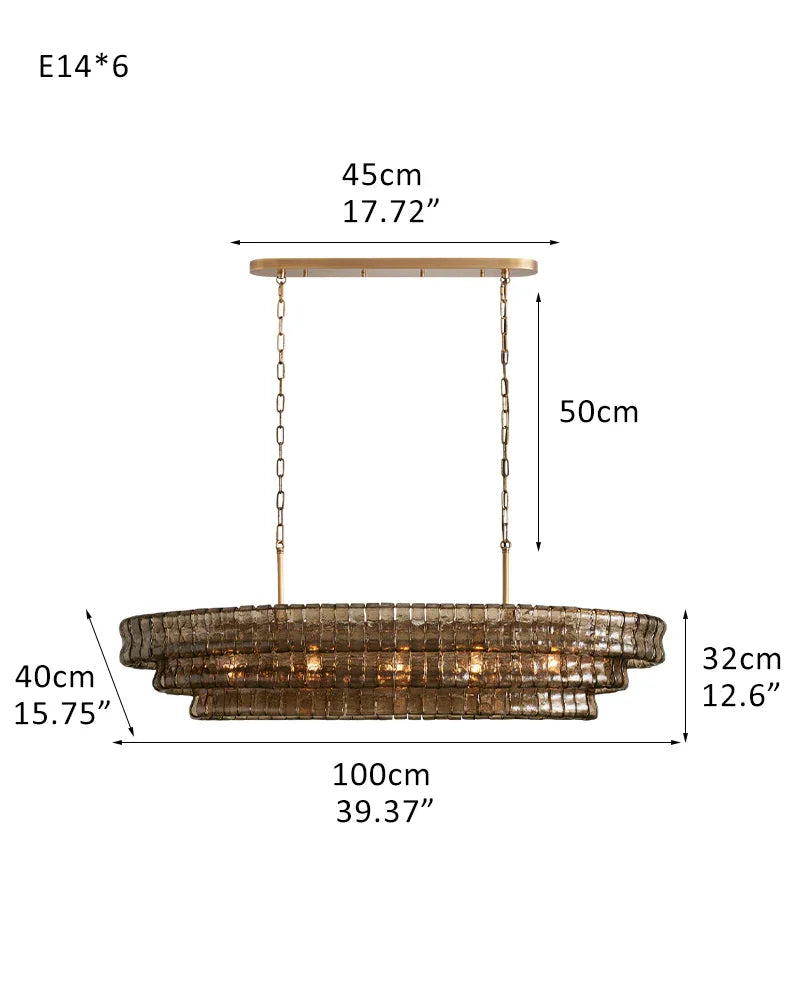 Ghiaccio 3/4-Tiered Glass Oval Chandelier 48" in Brass/Black Aluminum Chain 3 tier-L100*W40*H32CM L40"*W16"*H12"(E14*6) Brass + Smoke Glass American chandelier