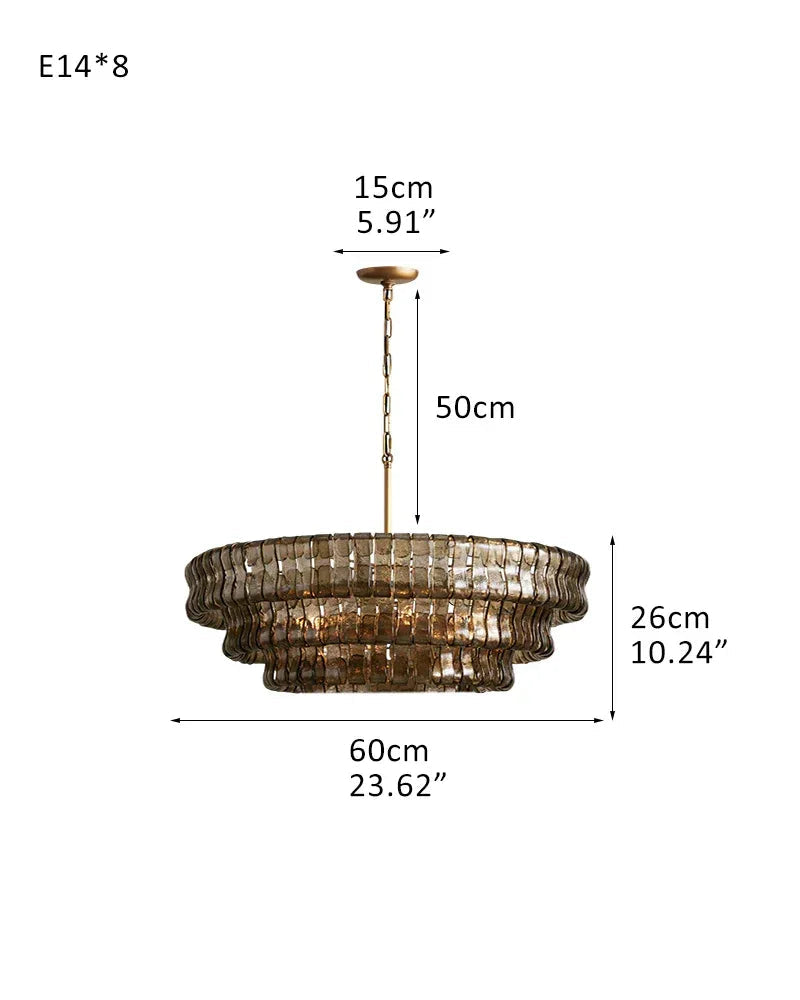 LightsStory Series Ethereal Chandelier | Tiered Round Textured Curved Glass and Aluminum Chain, Plated-Brass or Black Accents for Dining Rooms and Living Areas 3 tier-L60*H26CM L24"*H10"(E14*8) Brass + Smoke Glass American chandelier