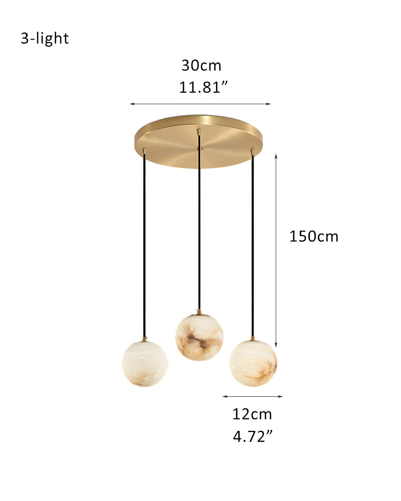 3-light alabaster pendant lamp with gold mount, dimensions 30cm and 150cm