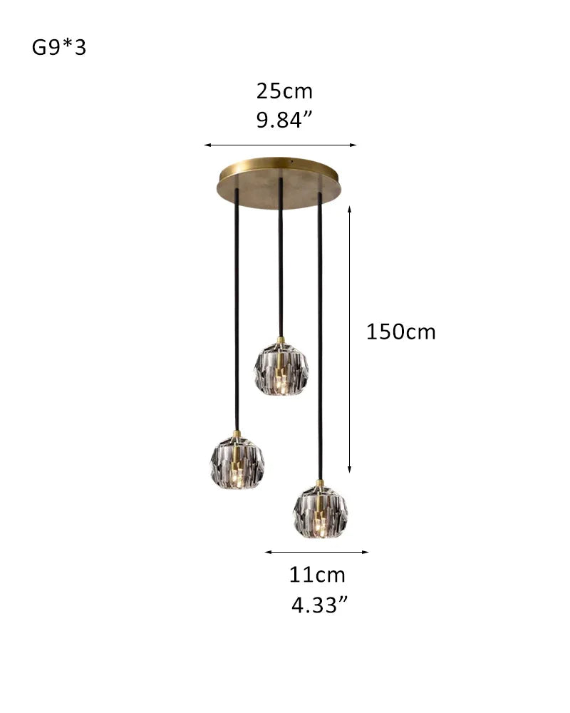 LightsStory Series Prismatic Pendant Chandelier | Spherical Solid brass and hand-faceted crystal, Hand-polished finish for Modern dining rooms and minimalist living spaces 3 light-D11cm D4.33" Smoky + Gold Modern Pendant lamp
