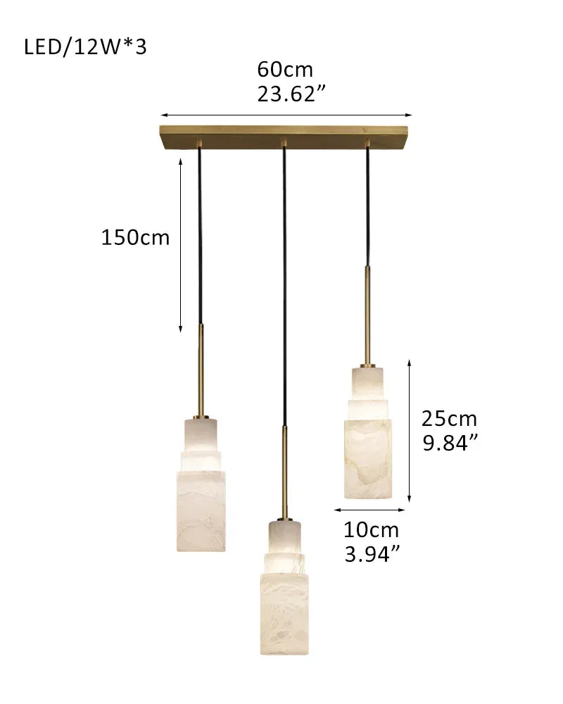 Antique aged Copper Long Hanging Cord Alabaster Pendant Lights over dining table 3-light-D10*H25CM D4"*H10"-Square Brass + White Vintage Simple Hanging Lamp