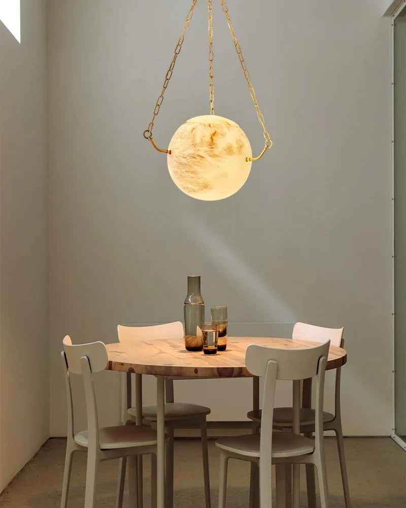 LightsStory Series Ethereal Pendant Light | Globe Natural Translucent Alabaster with Greek Key Motif, Brass and Matte-Black dual-tone for Kitchen Islands and Dining Areas Vintage Simple Pendant Lamp