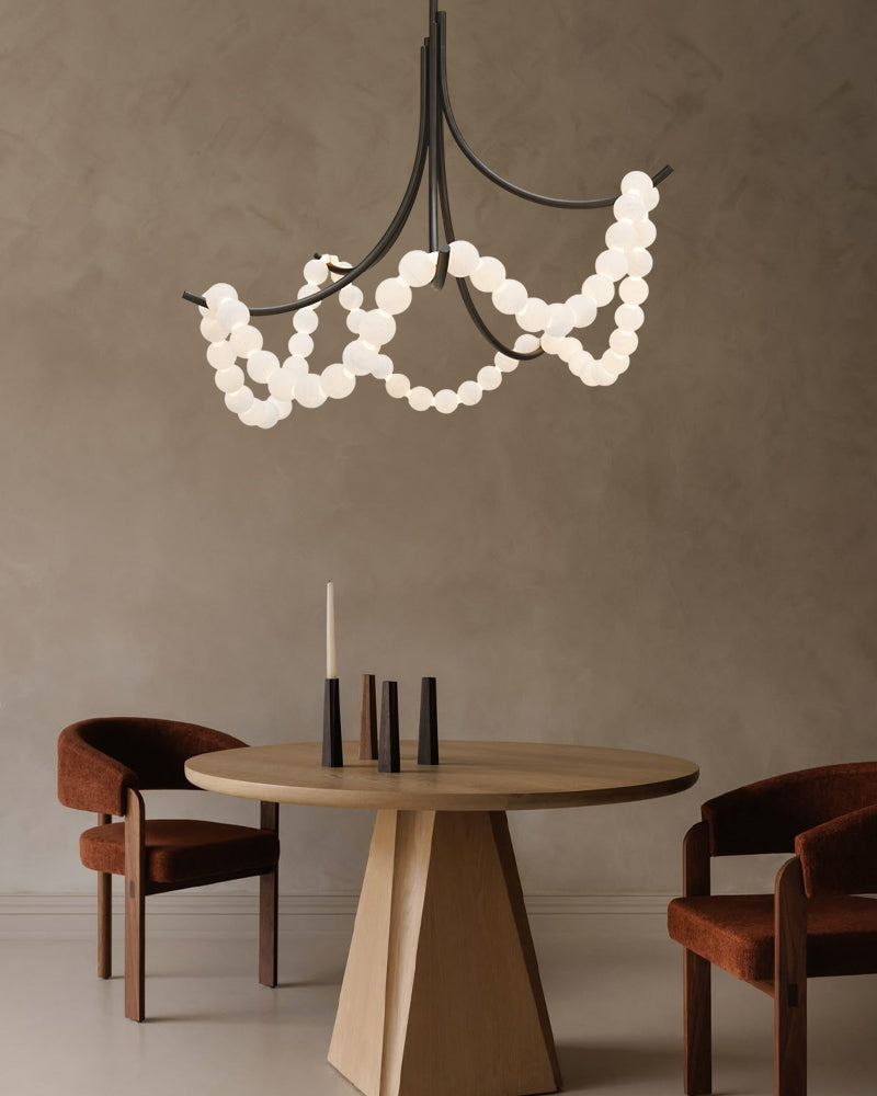 Cluster String Alabaster Beads Semi Flush Chandelier in Brass & Black Metal Rod