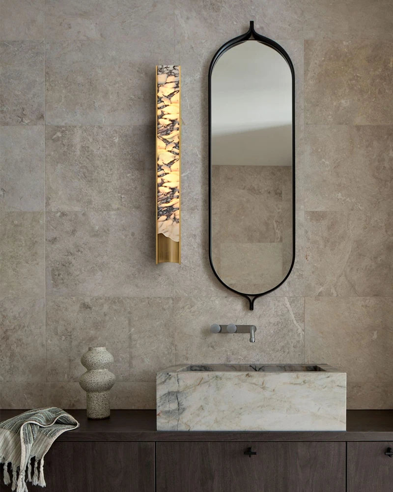 LightsStory Series Alabaster Square Wall Sconces, Natural Stone Brass & Black Metal LED Wall Lights Flush Mounted Wall Sconce Lamp