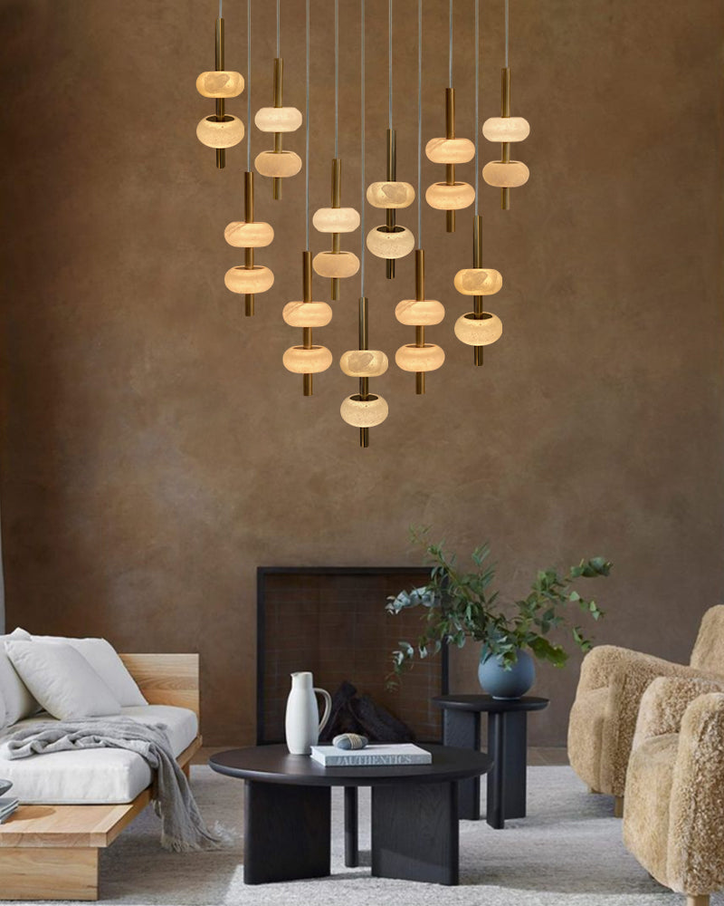 Villa 5 Light New Age Brass Cluster Pendant Light with 4in White Spanish Alabaster Shades