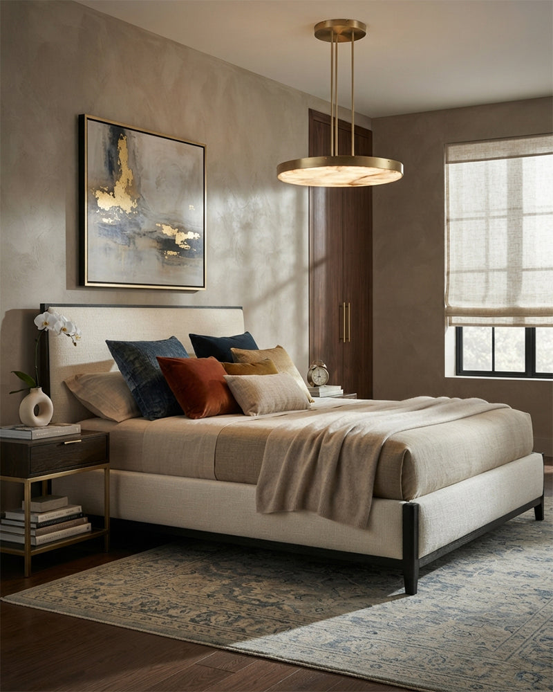 Knokke Alabaster Circular Disc Gold Framed Pendant Light - Natural Spanish Alabaster, Lux Gold Trim - Living Room, Dining Room & Bedrooms