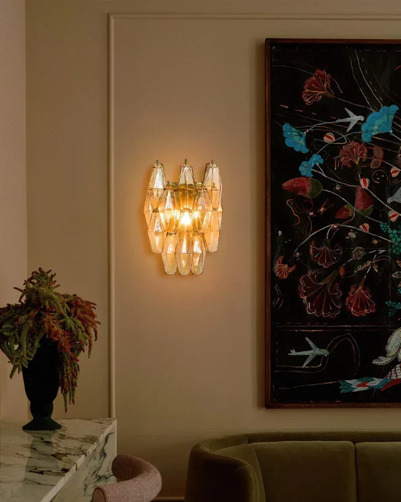 LightsStory Series Cascading Wall Sconce | Tiered Handblown Glass Handblown glass polyhedrons on a tiered steel frame, Multicolor Blown Glass Options for Eclectic living spaces and modern entryways American Vintage chandelier lamp