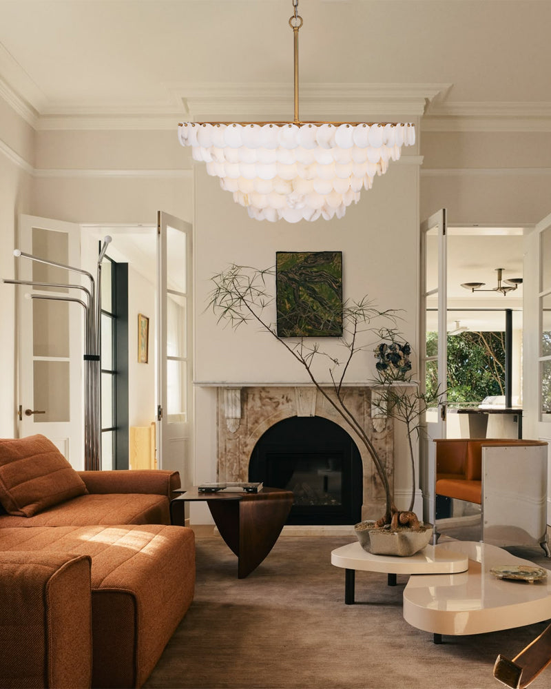 Cascada Alabaster Disc Multi Tiered Chandelier - Natural Spanish Alabaster, Lux Gold Trim - Dining Rooms and Living Rooms