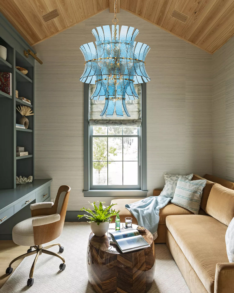 Ghiaccio Glass Azure Blue Cascade Multi Tiered Waterfall Chandelier - Heritage Brass Trim - Living Room & Dining Room