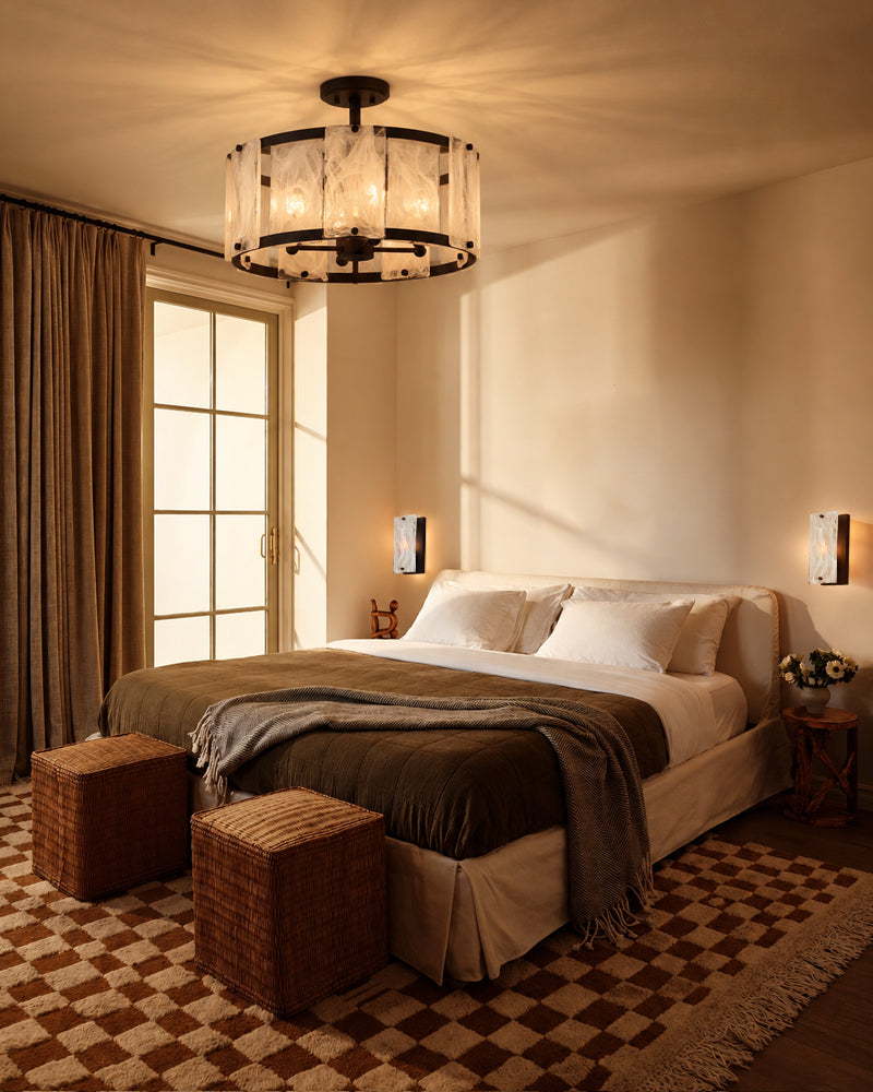 Solstice Ghiaccio Glass Drum Ceiling Light - Semi Flush Mount, Lux Gold Trim - Hallways, Foyers, Dining Rooms & Living Rooms