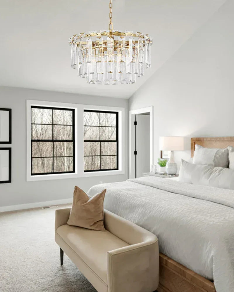 Warm Ambiance LED Arden Tiered Crystal Round Chandelier Brushed Chrome Stainless American chandelier