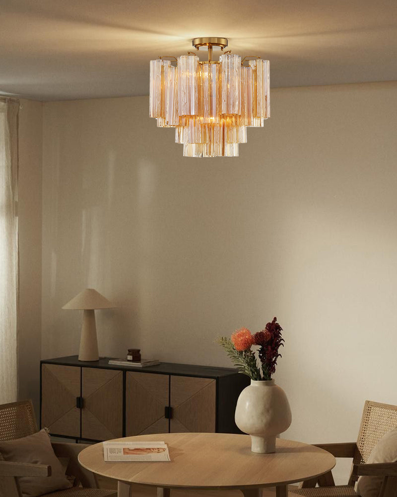 Murano Multi-tiered Glass Tubes Flush Mount Wide 18in Ceiling Lamps|Brass/Black Disc Base Modern Ceiling lamp