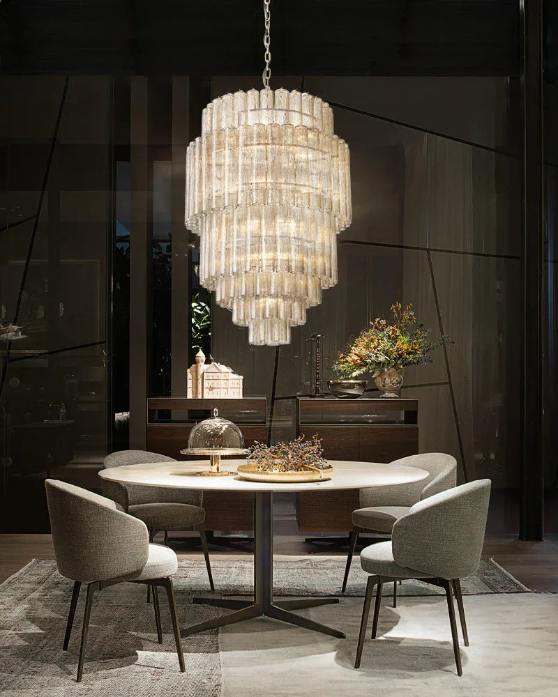 LightsStory Series Geometric Chandelier | Multi-Tiered Durable steel and translucent glass, Polished satin nickel finish for Grand halls, dining spaces, and statement staircases American chandelier