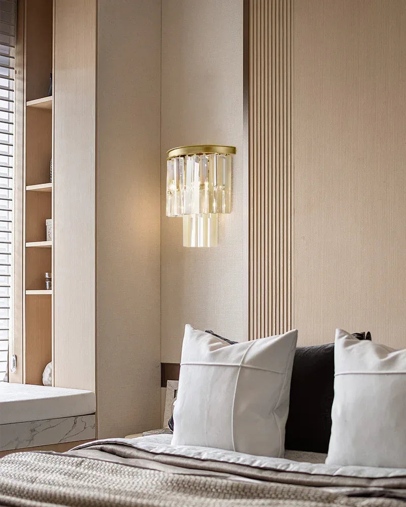 Elegant Modern Crystal Wall Sconce | 13" Dia 2-Tier Dimming Wall Light Fixture | Black Brass Flush Mounted Wall Sconce Lamp