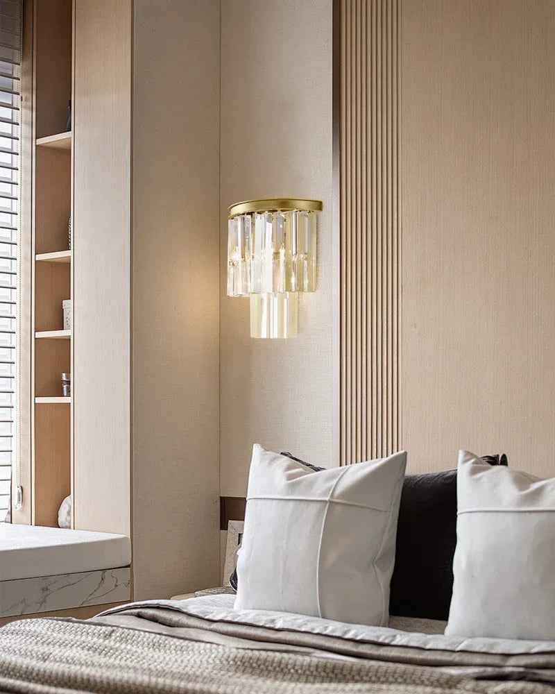 Deauville Series Refractive Wall Sconce | Triple Tier Polished metal frame with high-clarity cascading clear crystals, Sleek Gold and Black finish for Bedrooms, living rooms, and hallways Flush Mounted Wall Sconce Lamp