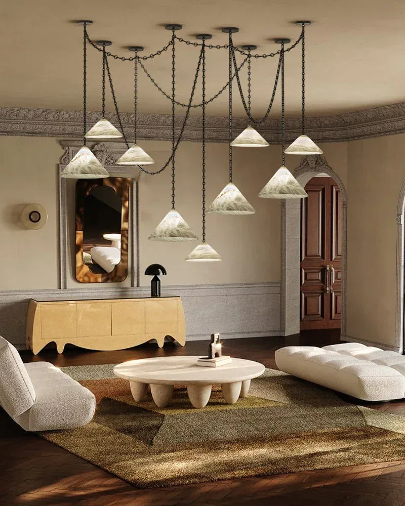 Medium 12" Conical Pendant White Alabaster Shade with Adjustable Chain for living room Modern Pendant lamp