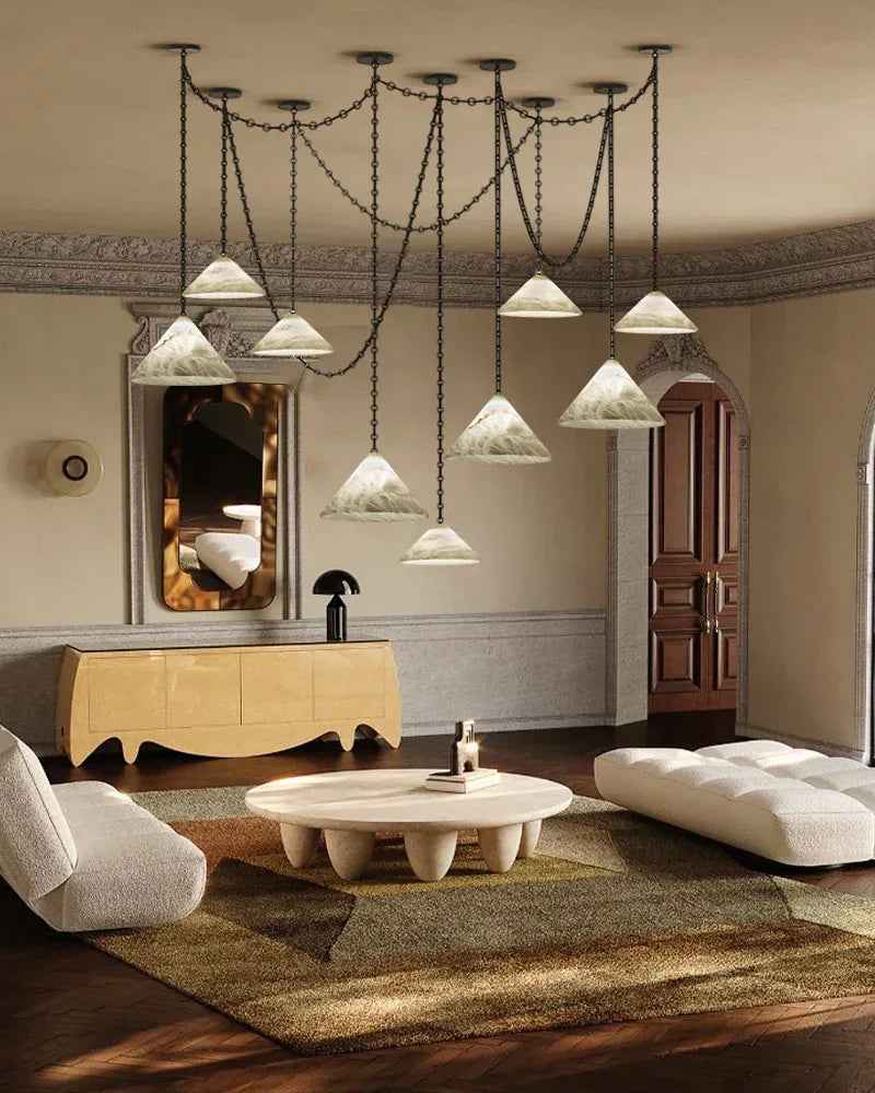 LightsStory Series Geometric Pendant Light | Multi-Head Cone Natural Alabaster Stone, Matte White and Black Chain finish for Kitchen Islands and Dining Areas Modern Pendant lamp