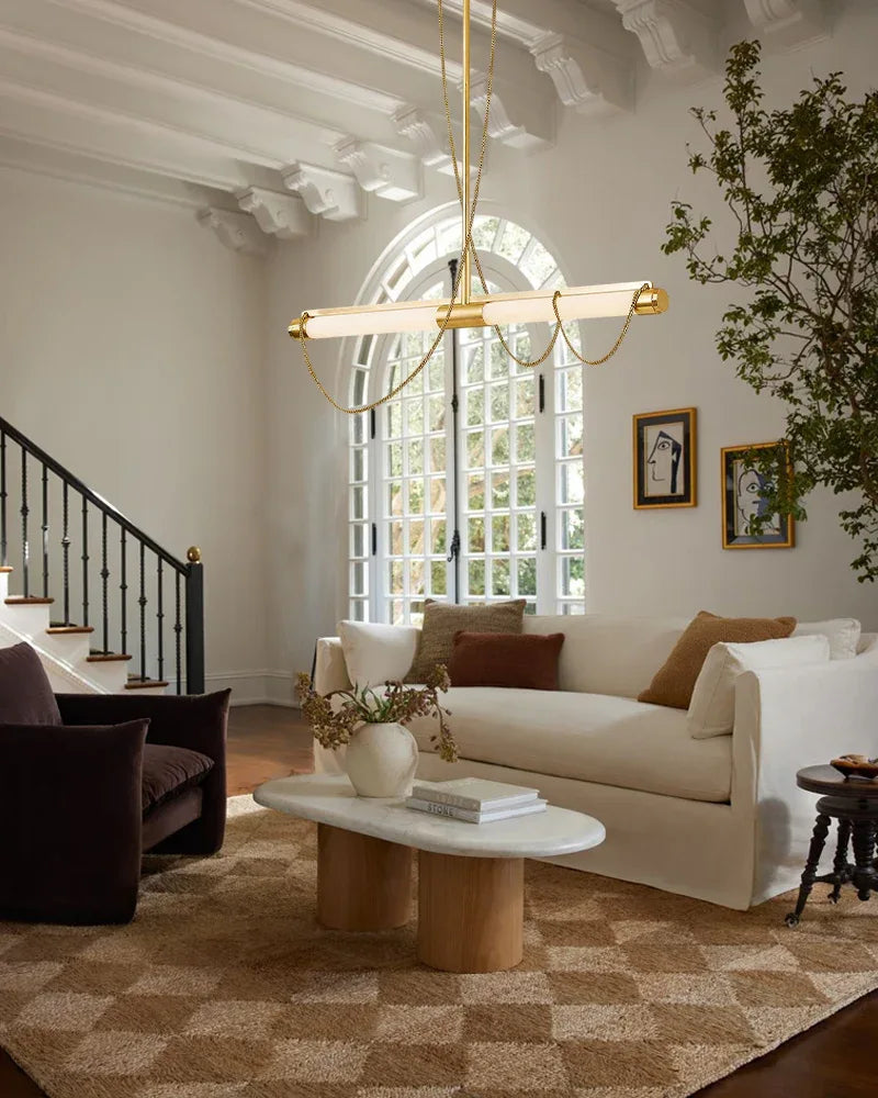 LED Tubular Alabaster Shades Ceiling Pendant Lamp 49" with long chains | Brass Vintage Simple Pendant Lamp