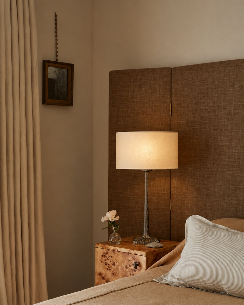Classic Hammered Sculptural Trunk Drum Table Lamp - Matte Hammered Brass Stem & Fabric Drum - Bedroom & Living Rooms