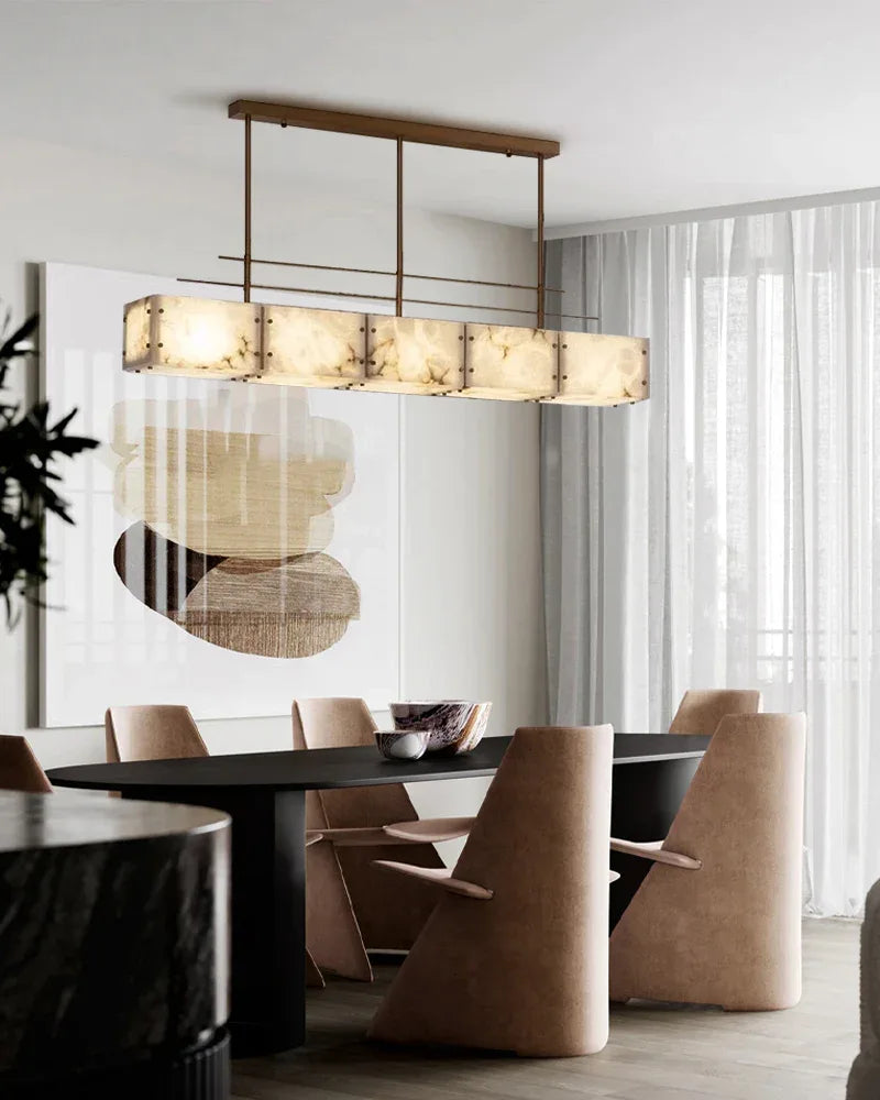 American Coastal Large Alabaster Rectangular Chandelier Lacured Brass Framework American Vintage chandelier lamp